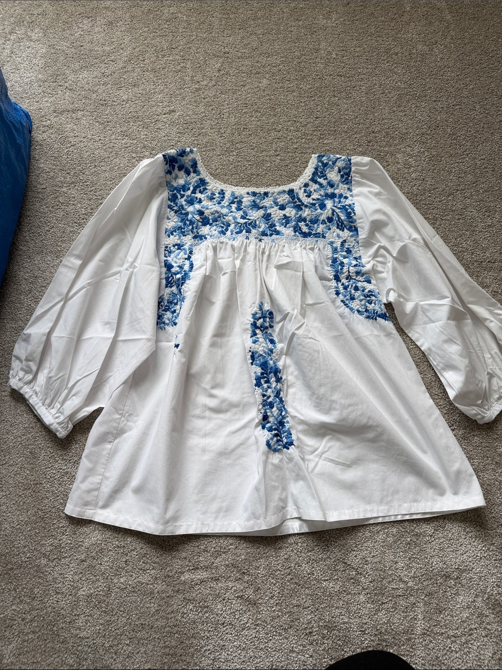 Mi Golondrina White Blouse with Blue Floral Embroidery